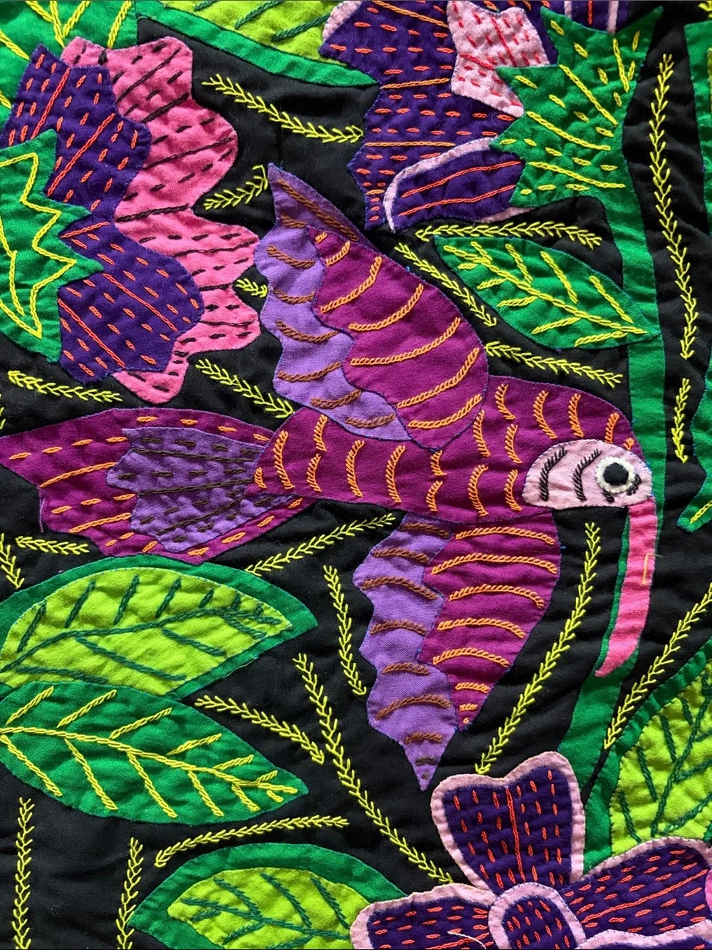 Mola fabric art San Blas Panama Kuna 3 Hummingbirds hand made 26x21”